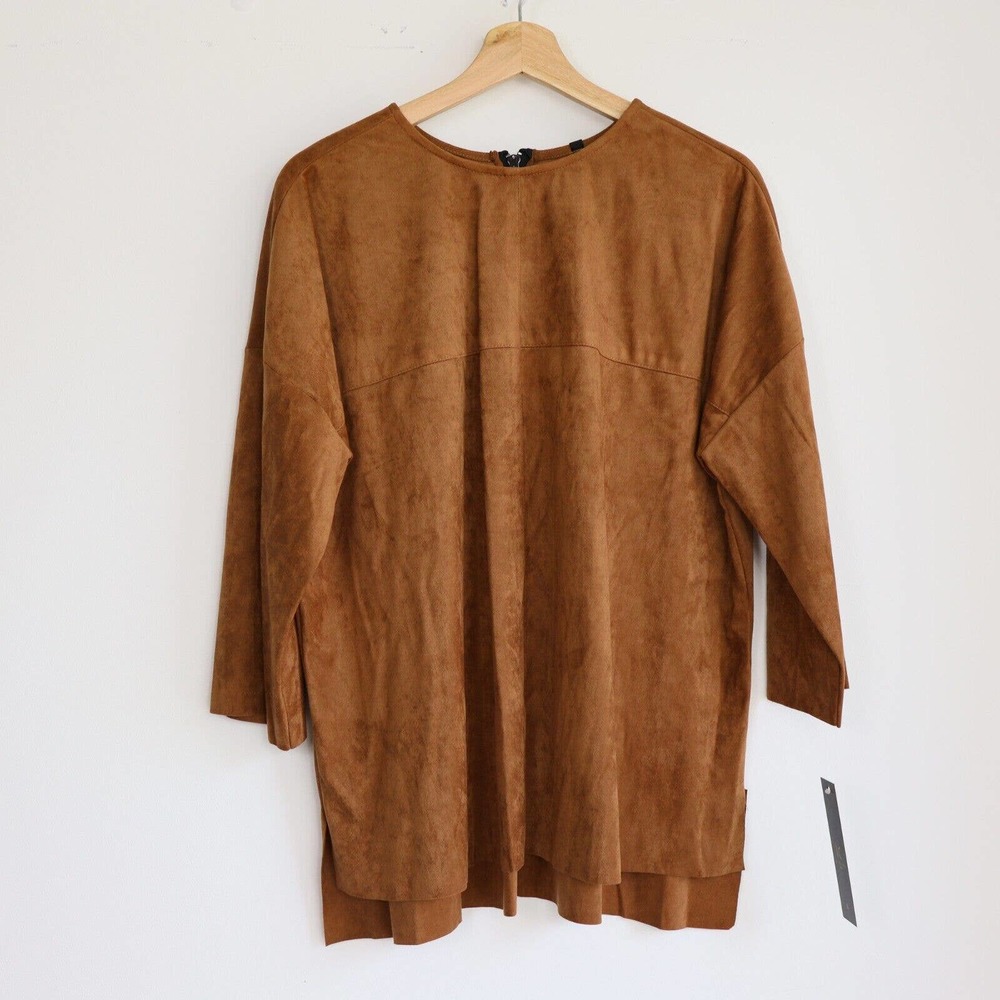 IC By Connie K Top Large Brown Faux Suede 1/4 Sleeve Pullover Minimalist